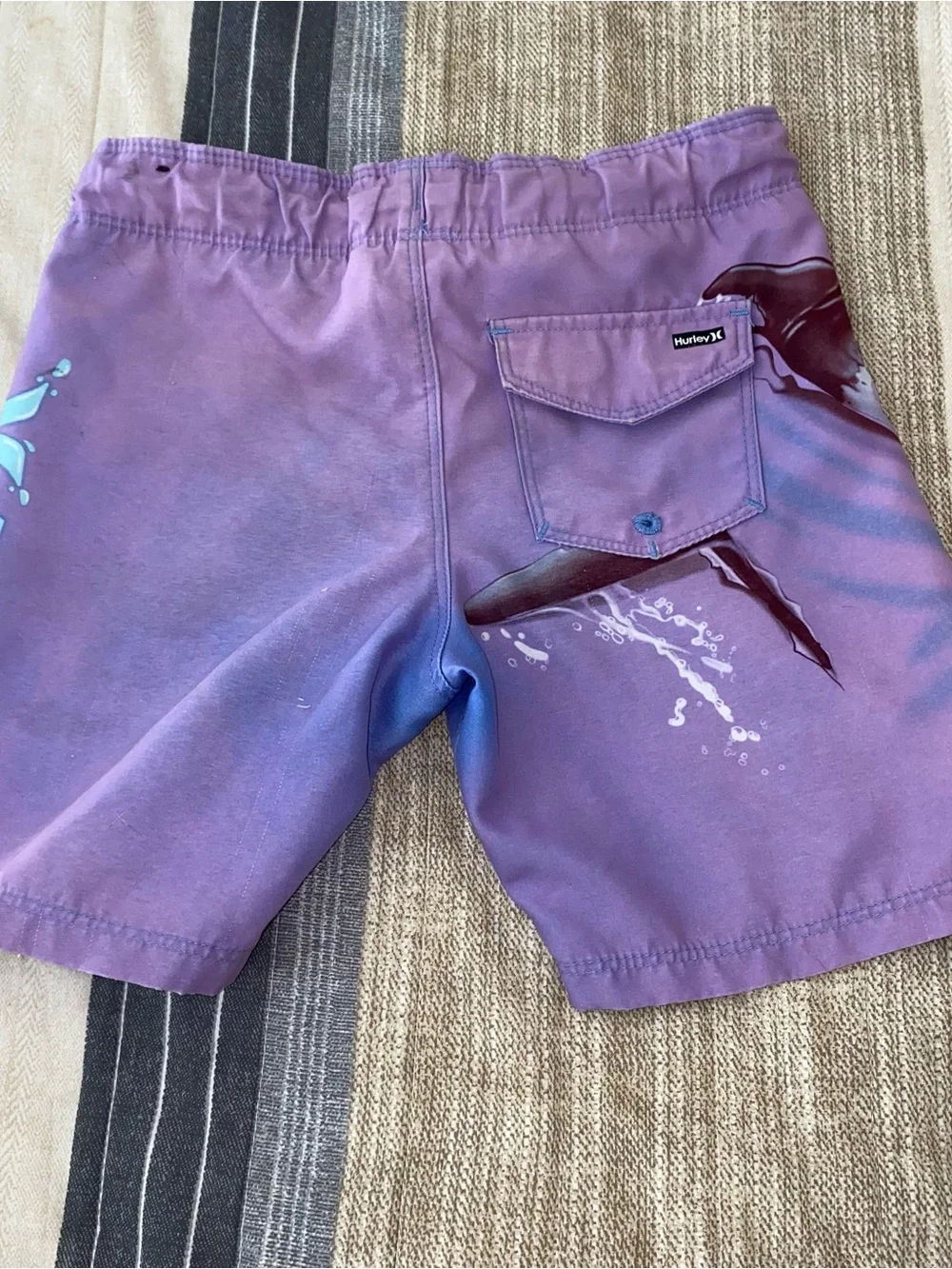 Hurley Purple and Blue Swim Shorts with Giant Shark Graphic